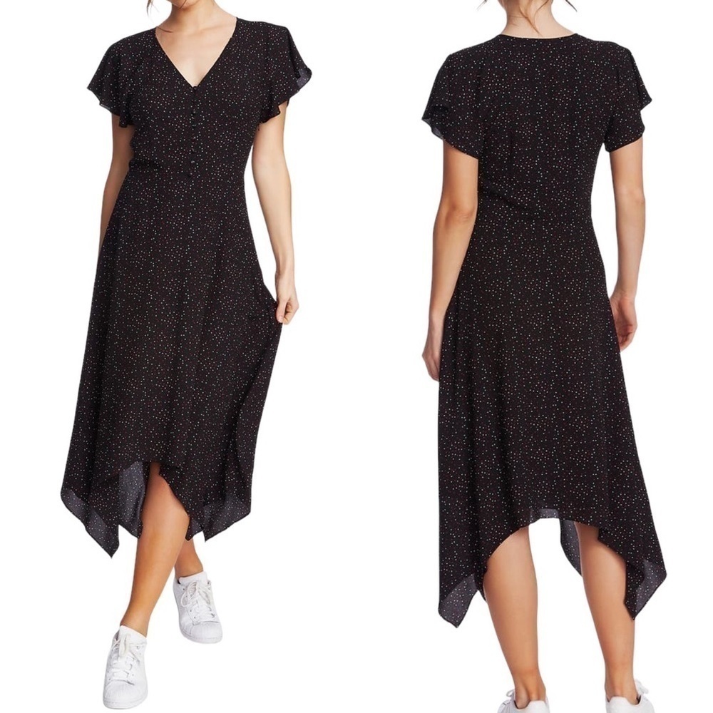 1.State Dot Print Midi Dress V-Neck Black Red White Handkerchief Hem Size 4 New